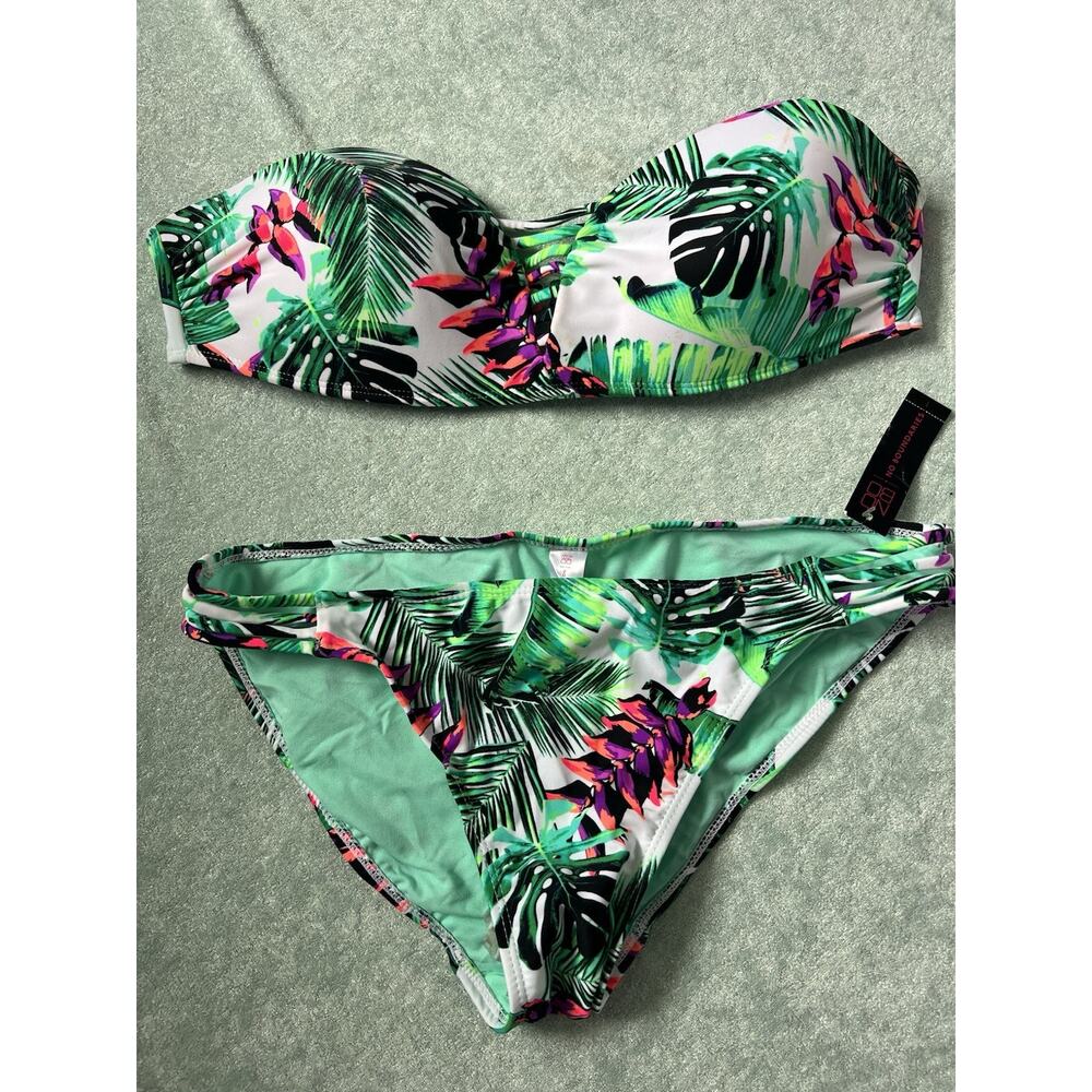 No Boundaries Tropical Leaf Floral Bikini Green Purple Top NWOT XL Bottom NWT L